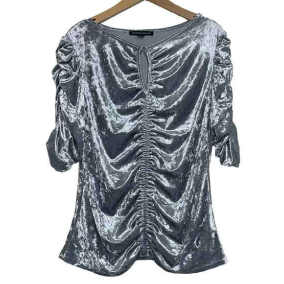 Boston Proper Tops - Boston‎ Proper Top XL Silver Crushed Velvet Ruched Front Split Neck Elbow Sleeve